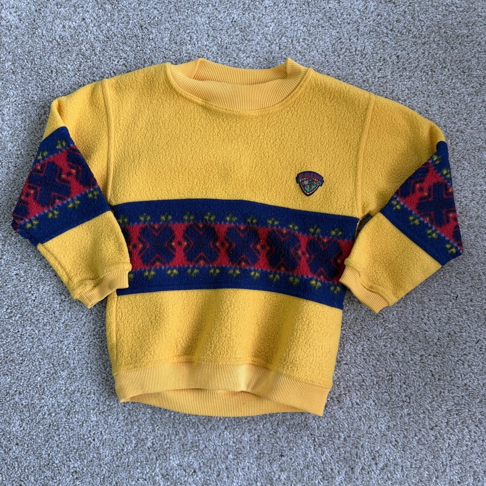 Vintage Bugle Boy Sweatshirt Boys L Yellow Fleece Geometric Crewneck Pullover
